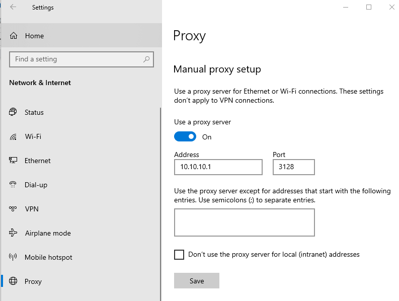 在 Windows 10 客户端中设置代理